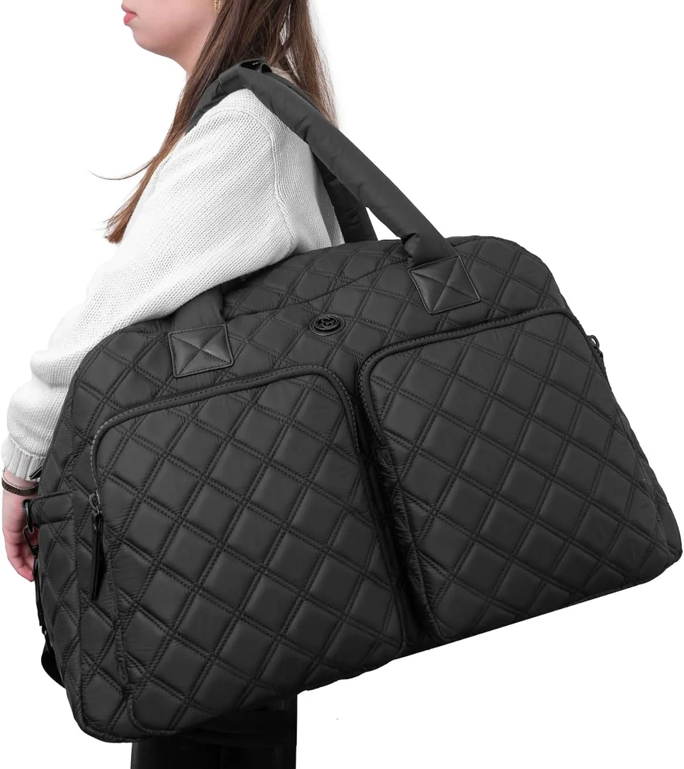 Joan & David 22 Inch Diamond Quilted Puffer Nylon Weekender Duffle (Black)