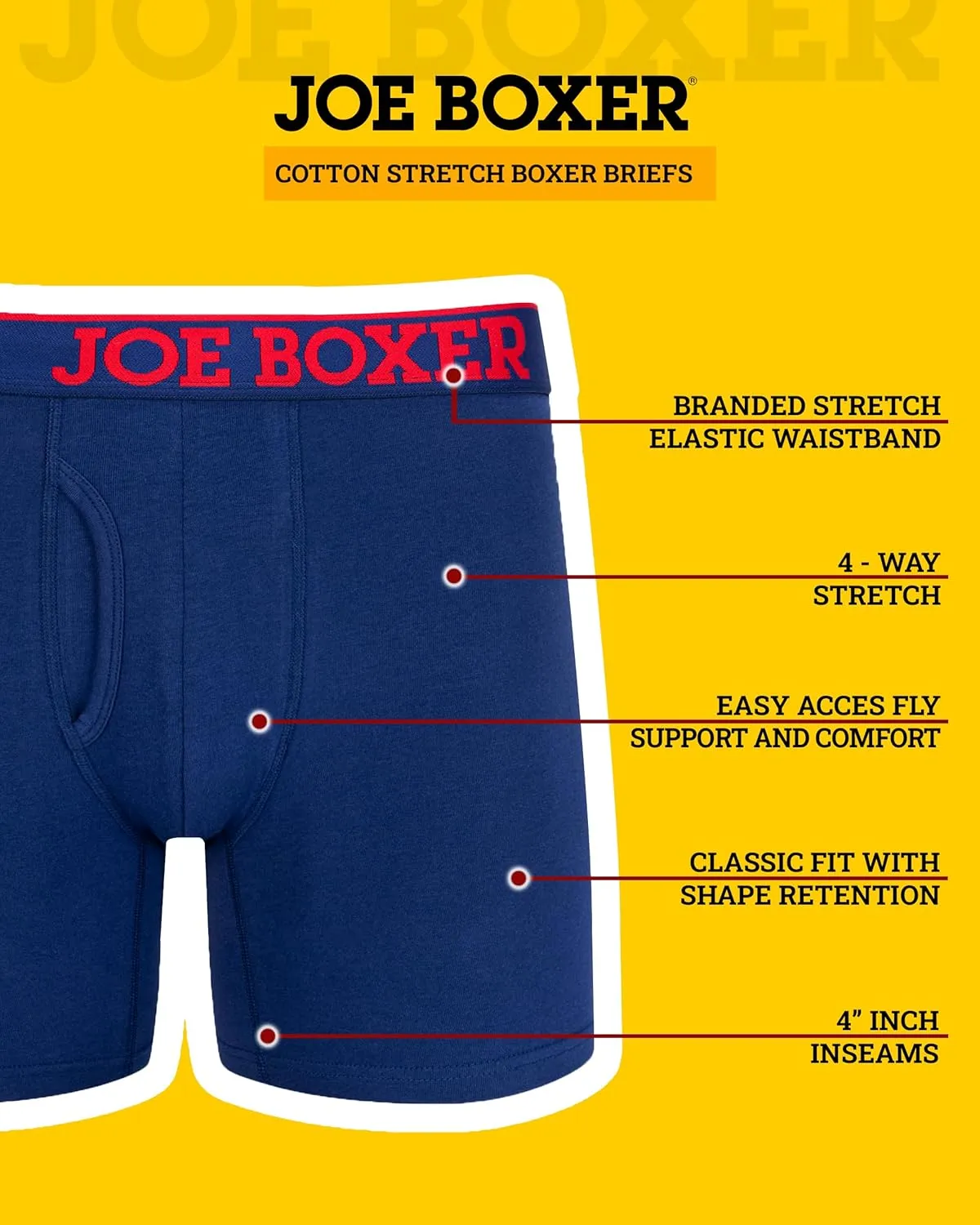 JOE BOXER Mens Boxer Briefs 4-Pack, Comfy and Breathable Spandex-Cotton Boxer Briefs, Mens Underwear Cotton Stretch