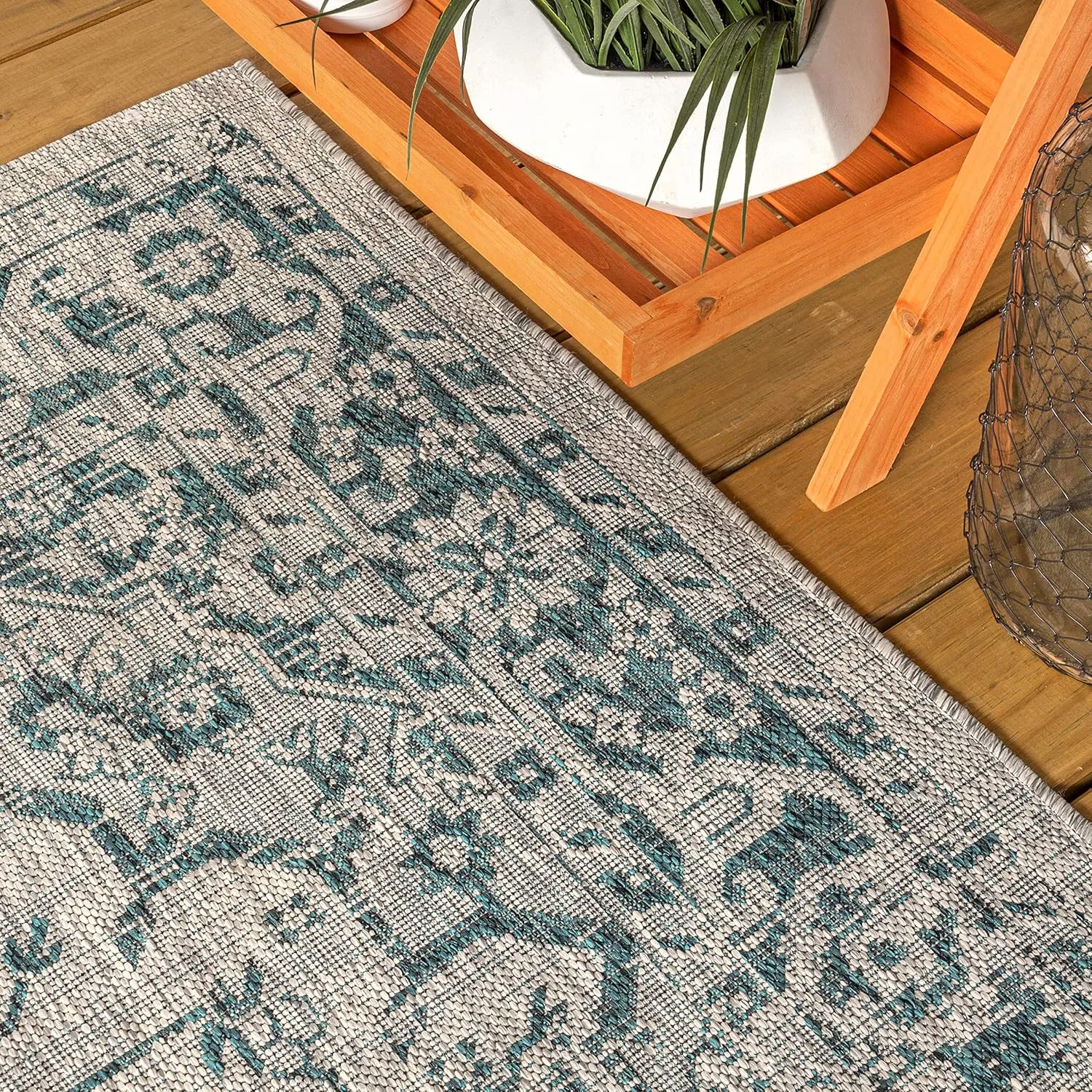 JONATHAN Y SMB102C-28 Rozetta Boho Medallion Textured Weave Indoor Outdoor -Runner Rug Coastal Bohemian Rustic Glam Easy-Cleaning Bedroom Kitchen Backyard Patio Non Shedding, 2 X 8, Gray/Teal