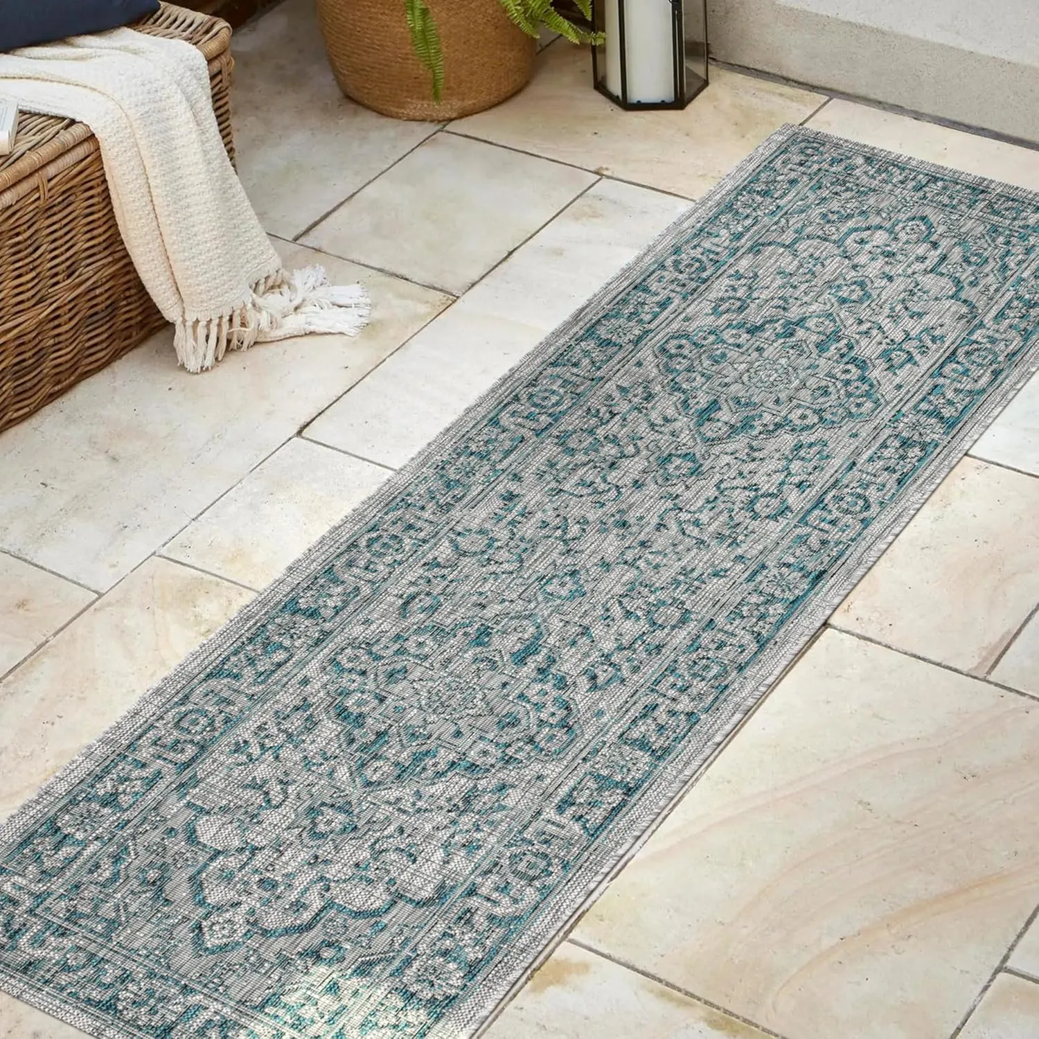 JONATHAN Y SMB102C-28 Rozetta Boho Medallion Textured Weave Indoor Outdoor -Runner Rug Coastal Bohemian Rustic Glam Easy-Cleaning Bedroom Kitchen Backyard Patio Non Shedding, 2 X 8, Gray/Teal