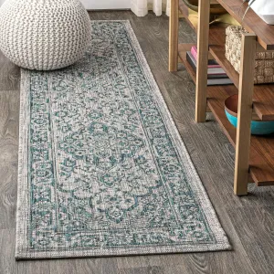 JONATHAN Y SMB102C-28 Rozetta Boho Medallion Textured Weave Indoor Outdoor -Runner Rug Coastal Bohemian Rustic Glam Easy-Cleaning Bedroom Kitchen Backyard Patio Non Shedding, 2 X 8, Gray/Teal