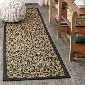 JONATHAN Y SMB107A-28 Madrid Vintage Filigree Textured Weave Indoor Outdoor Runner Rug, Classic, Traditional, Transitional Easy Cleaning,Bedroom,Kitchen,Backyard,Patio,Non Shedding, Black/Khaki, 2 X 8