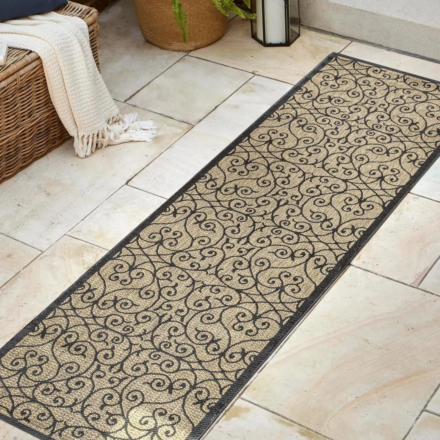 JONATHAN Y SMB107A-28 Madrid Vintage Filigree Textured Weave Indoor Outdoor Runner Rug, Classic, Traditional, Transitional Easy Cleaning,Bedroom,Kitchen,Backyard,Patio,Non Shedding, Black/Khaki, 2 X 8