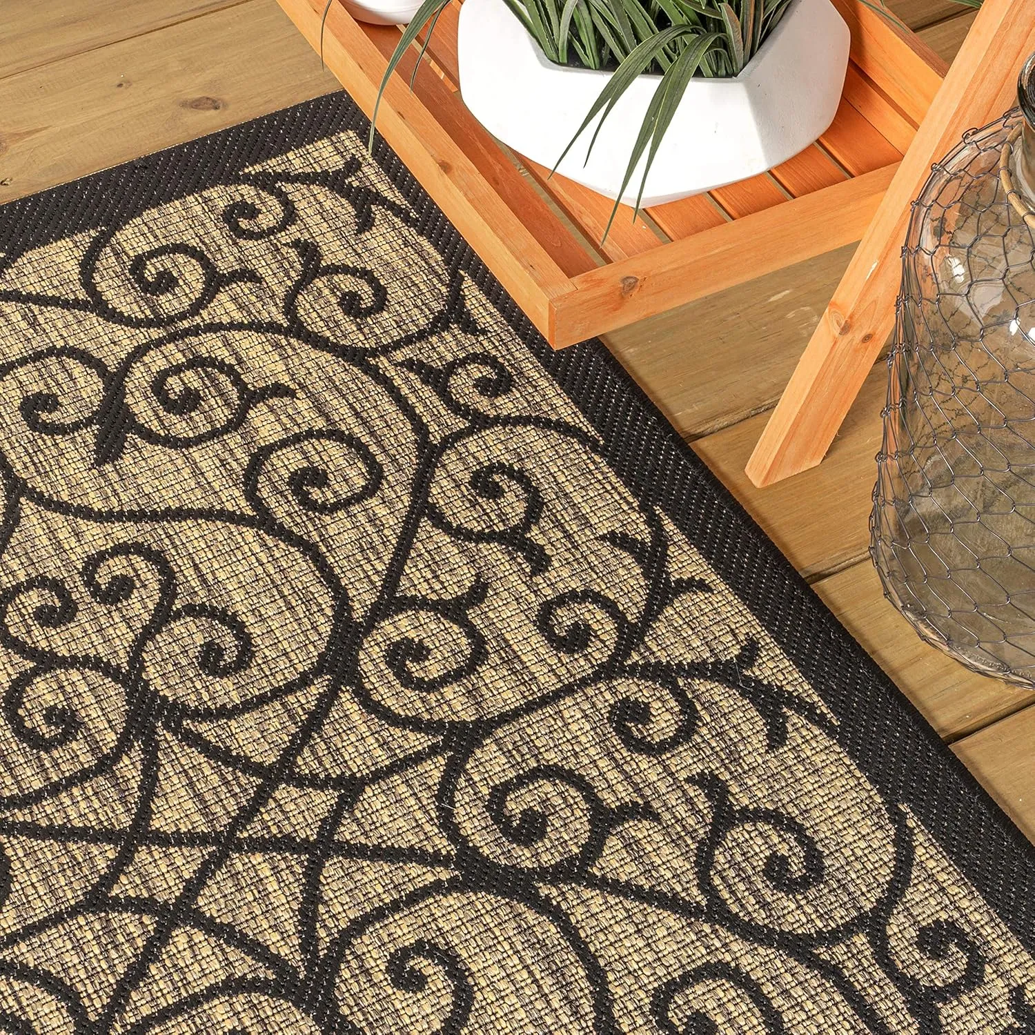 JONATHAN Y SMB107A-28 Madrid Vintage Filigree Textured Weave Indoor Outdoor Runner Rug, Classic, Traditional, Transitional Easy Cleaning,Bedroom,Kitchen,Backyard,Patio,Non Shedding, Black/Khaki, 2 X 8