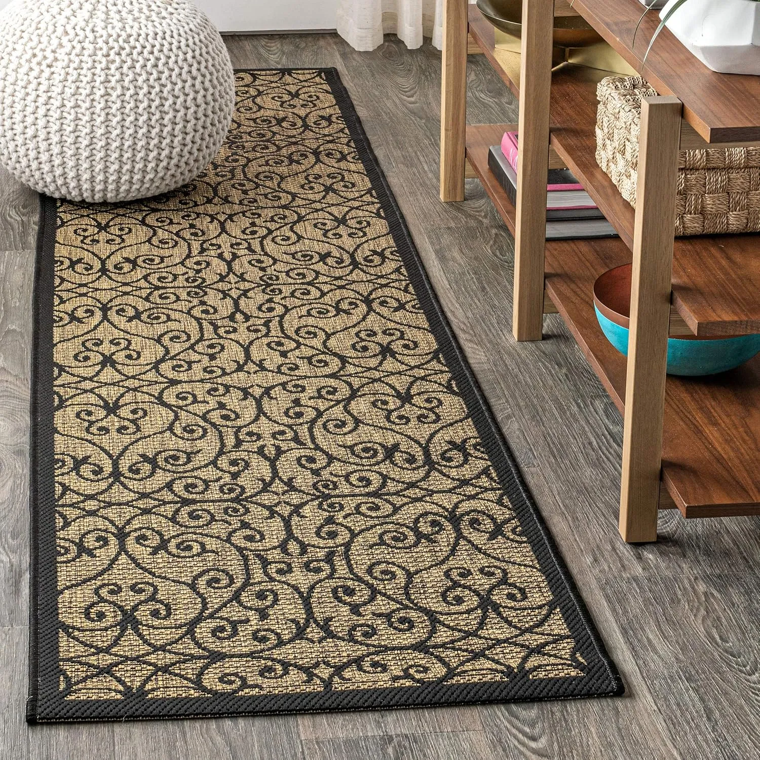 JONATHAN Y SMB107A-28 Madrid Vintage Filigree Textured Weave Indoor Outdoor Runner Rug, Classic, Traditional, Transitional Easy Cleaning,Bedroom,Kitchen,Backyard,Patio,Non Shedding, Black/Khaki, 2 X 8