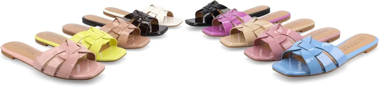 Journee Womens Flat Open Square Toe Fashion Banded Sandal Comfortable Dressy Slip On Arrina Slide
