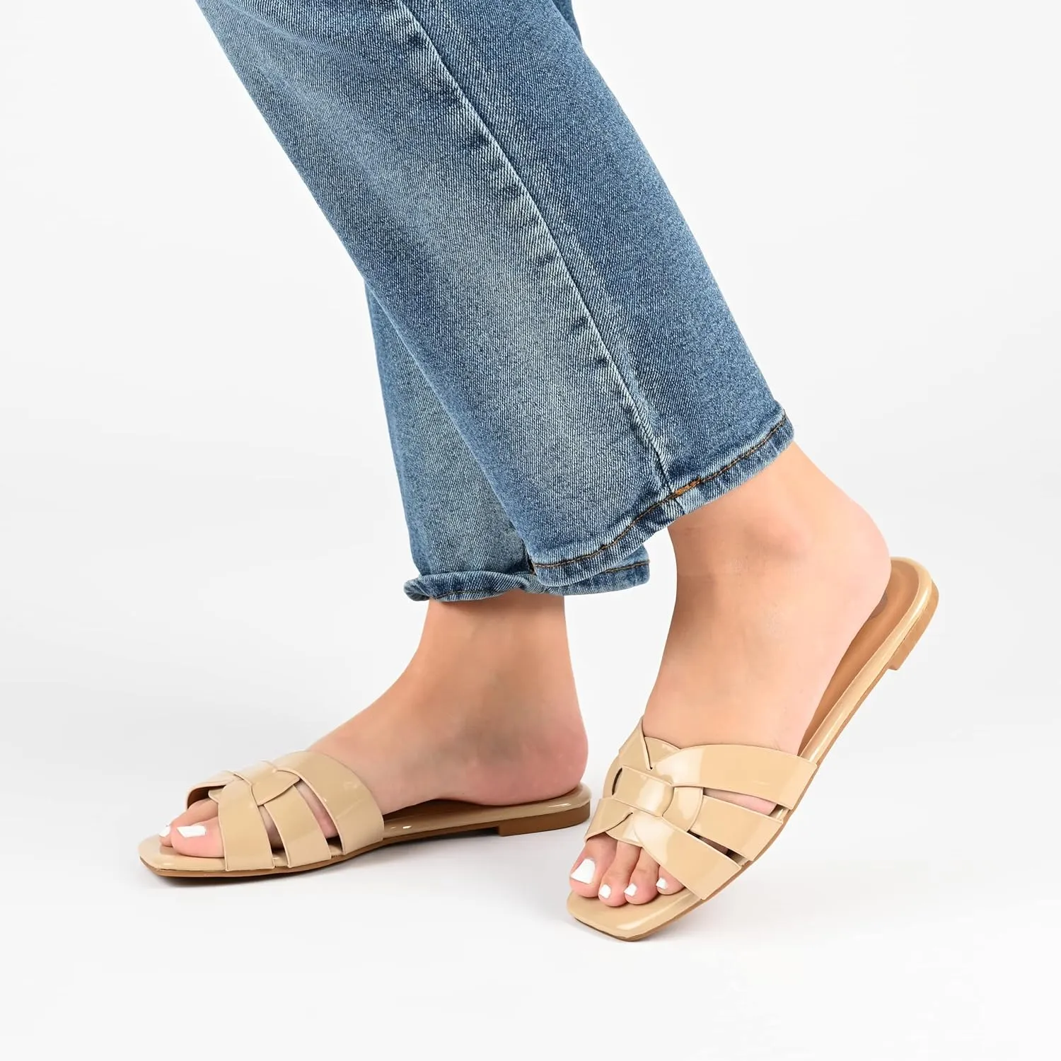 Journee Womens Flat Open Square Toe Fashion Banded Sandal Comfortable Dressy Slip On Arrina Slide
