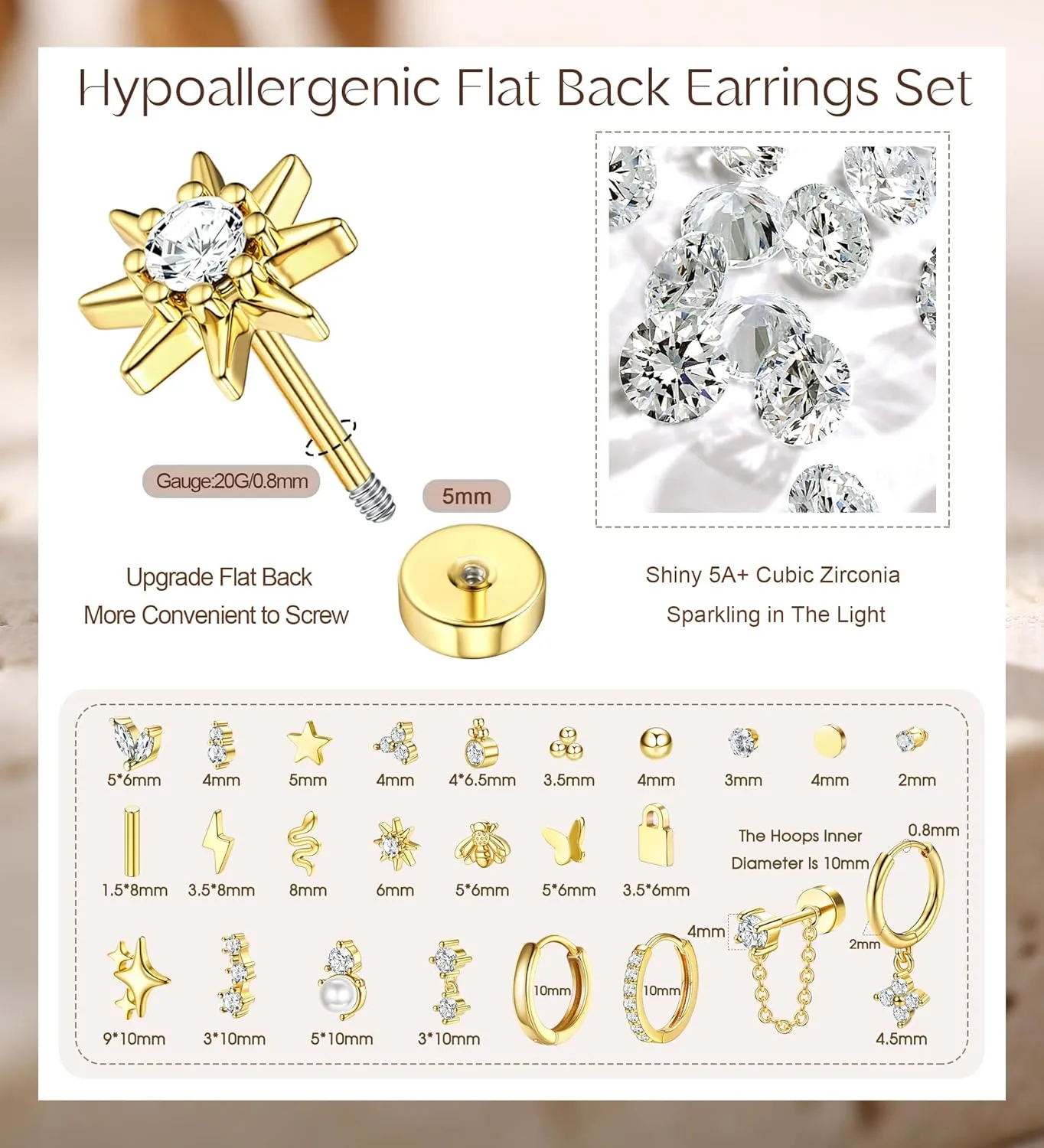 Jstyle Hypoallergenic Earrings for Sensitive Ears Surgical Stainless Steel Earrings for Women Dainty Flat Back Earring Studs Hoop Cartilage Earring Set for Multiple Piercing
