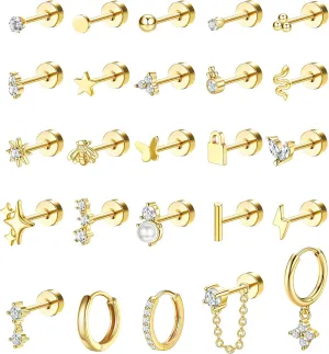 Jstyle Hypoallergenic Earrings for Sensitive Ears Surgical Stainless Steel Earrings for Women Dainty Flat Back Earring Studs Hoop Cartilage Earring Set for Multiple Piercing