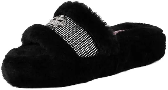 Juicy Couture Women's Faux Fur Slide Sandal Slippers, Open Toe, Comfortable Indoor Outdoor House Shoes