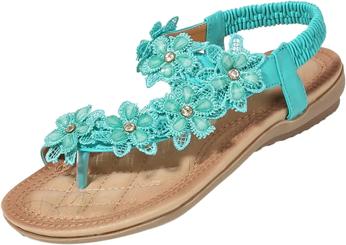 Keilinia Women's Thong Flat Sandals,Summer Flower Rhinestones Comfy Boho Slingback Ankle Elastic T-Strap Walking Beach Flip Flops