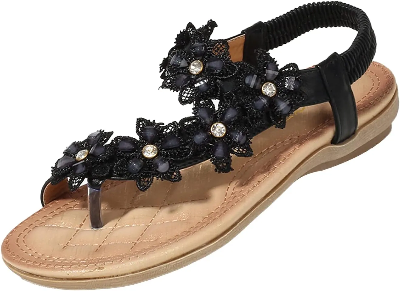 Keilinia Women's Thong Flat Sandals,Summer Flower Rhinestones Comfy Boho Slingback Ankle Elastic T-Strap Walking Beach Flip Flops