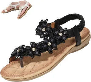 Keilinia Women's Thong Flat Sandals,Summer Flower Rhinestones Comfy Boho Slingback Ankle Elastic T-Strap Walking Beach Flip Flops