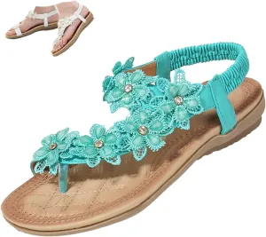 Keilinia Women's Thong Flat Sandals,Summer Flower Rhinestones Comfy Boho Slingback Ankle Elastic T-Strap Walking Beach Flip Flops
