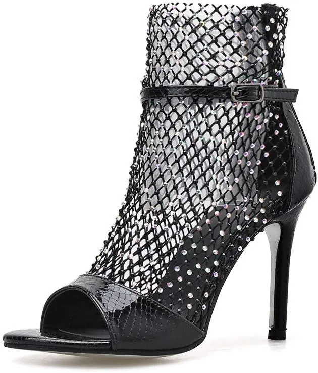 keleimusi Sexy Crystal Mesh Ankle Boots Peep Toe Metallic Fishnet Sandals for Women