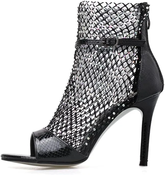 keleimusi Sexy Crystal Mesh Ankle Boots Peep Toe Metallic Fishnet Sandals for Women