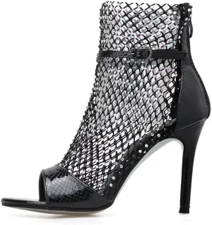 keleimusi Sexy Crystal Mesh Ankle Boots Peep Toe Metallic Fishnet Sandals for Women