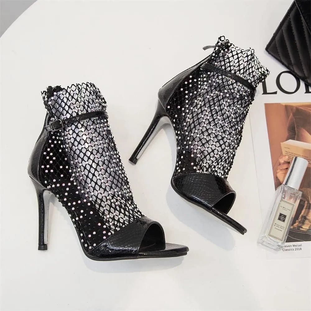 keleimusi Sexy Crystal Mesh Ankle Boots Peep Toe Metallic Fishnet Sandals for Women