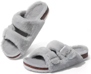 KIDMI Fuzzy Slippers Women with Cork Footbed Fluffy Slides Open Toe Indoor House Shoes | Arch Support | Adjustable Buckles