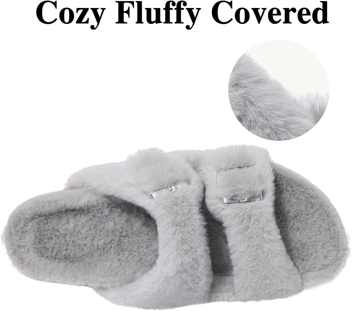 KIDMI Fuzzy Slippers Women with Cork Footbed Fluffy Slides Open Toe Indoor House Shoes | Arch Support | Adjustable Buckles