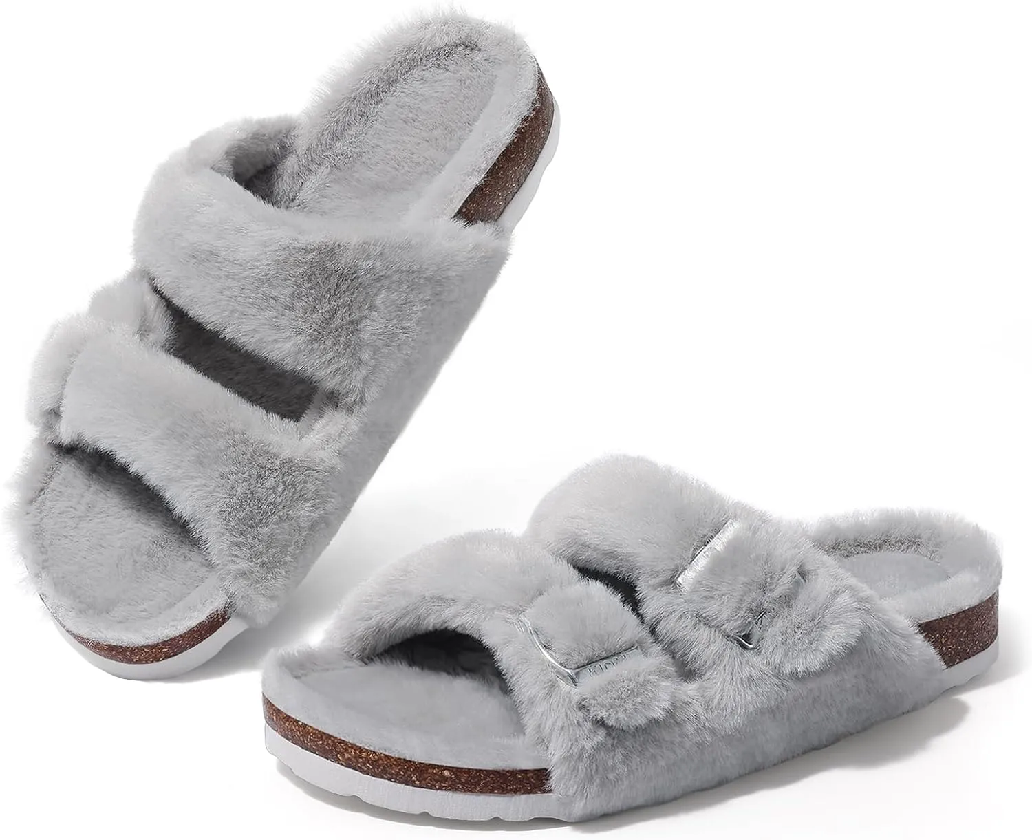 KIDMI Fuzzy Slippers Women with Cork Footbed Fluffy Slides Open Toe Indoor House Shoes | Arch Support | Adjustable Buckles