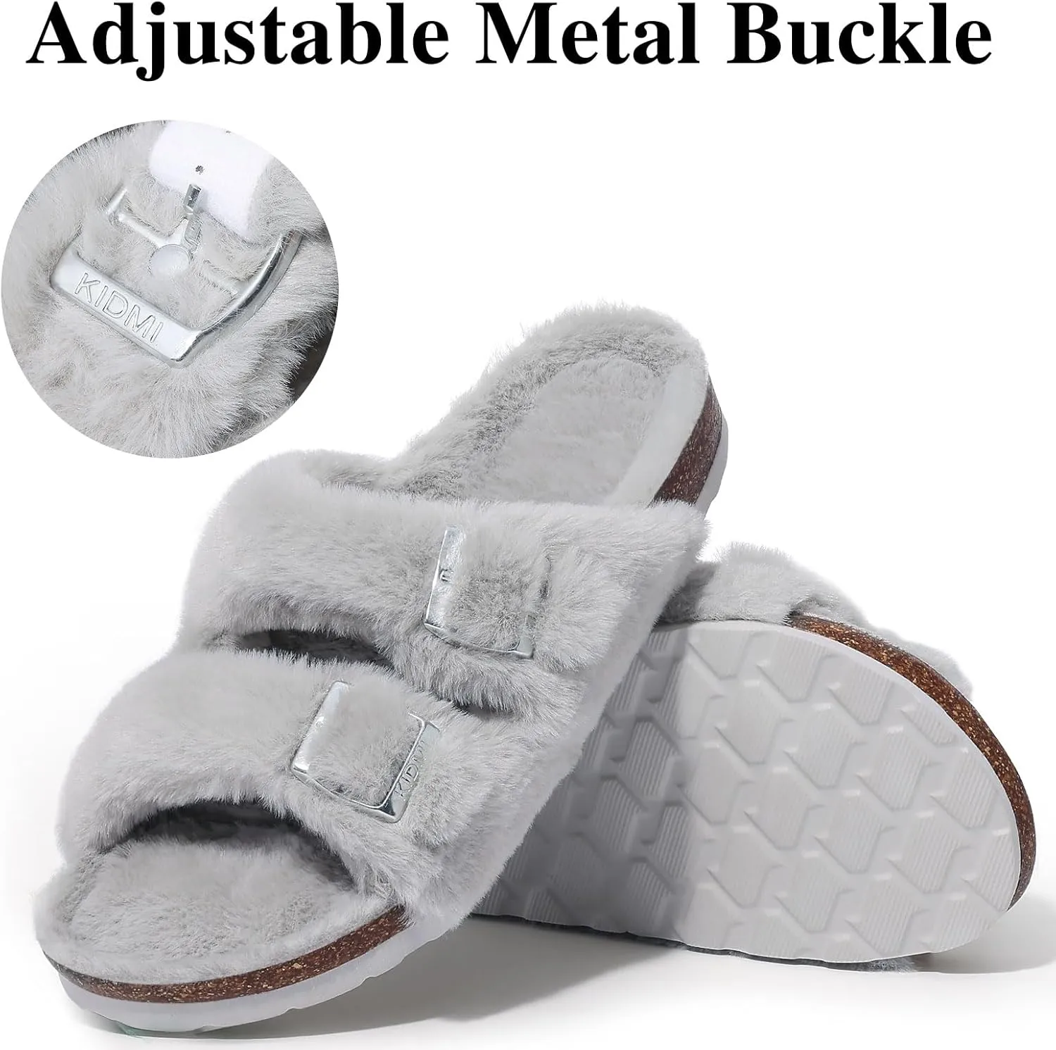 KIDMI Fuzzy Slippers Women with Cork Footbed Fluffy Slides Open Toe Indoor House Shoes | Arch Support | Adjustable Buckles
