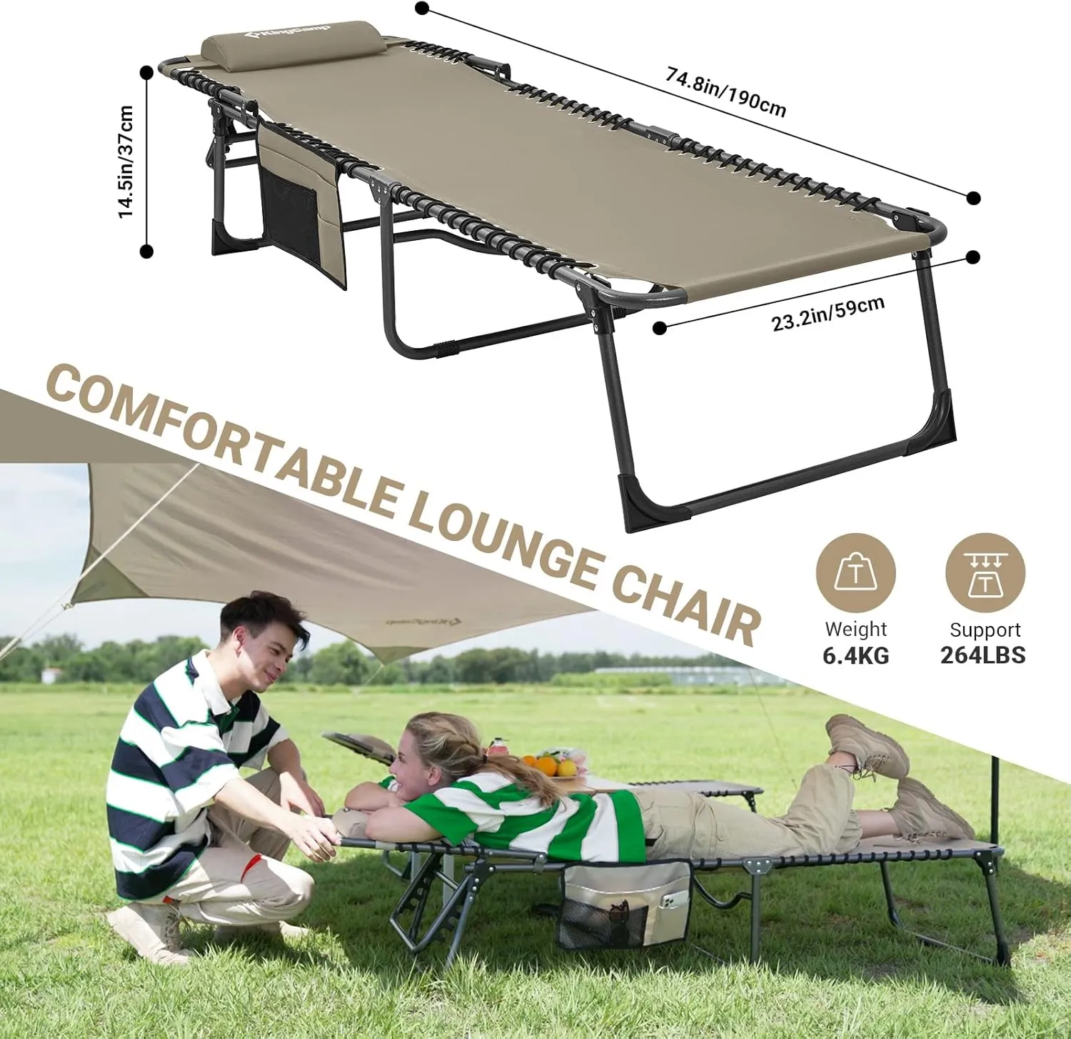 KingCamp Lounge Chair Outdoor, Folding Portable Tanning Chairs Comfy Adjustable 5-Position Lay Flat Foldable Chaise Chaser Lounger with Pillow for Outside Beach Patio Sun Bathing Pool Backyard, Beige