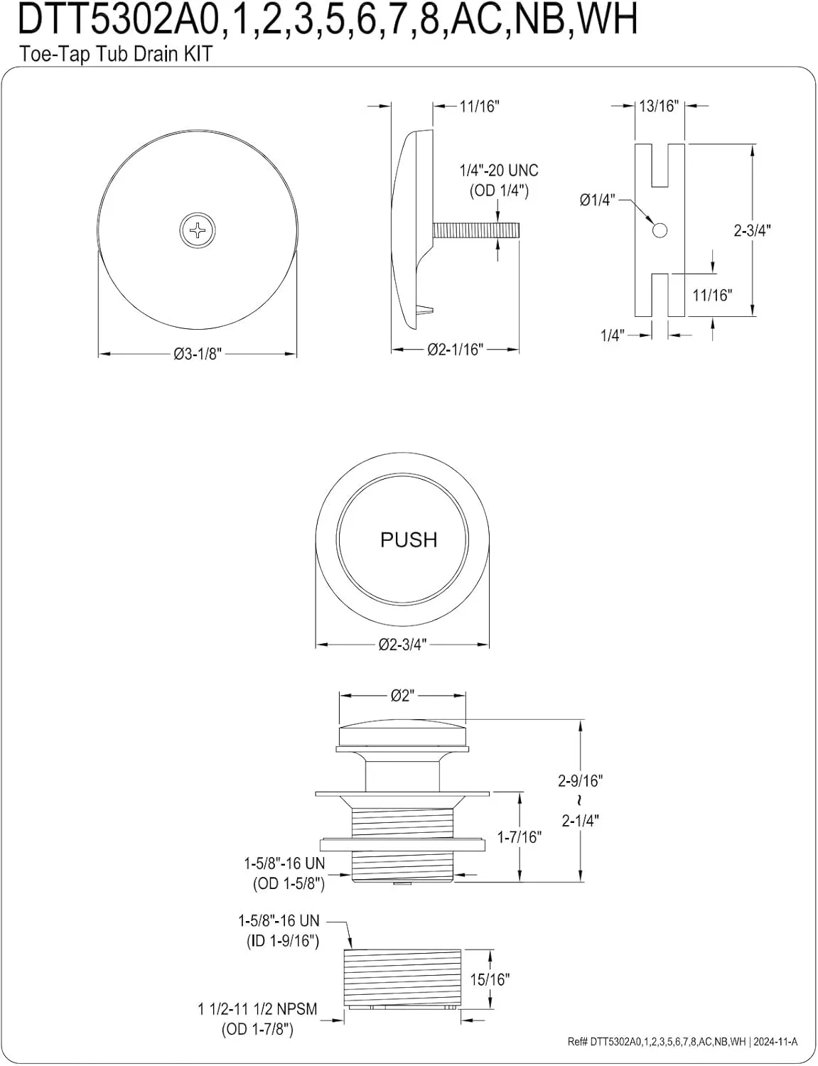 Kingston Brass DTT5302A7 Made to Match Easy Touch Toe-Tap Conversion, Tub Drain Kit, Brushed Brass