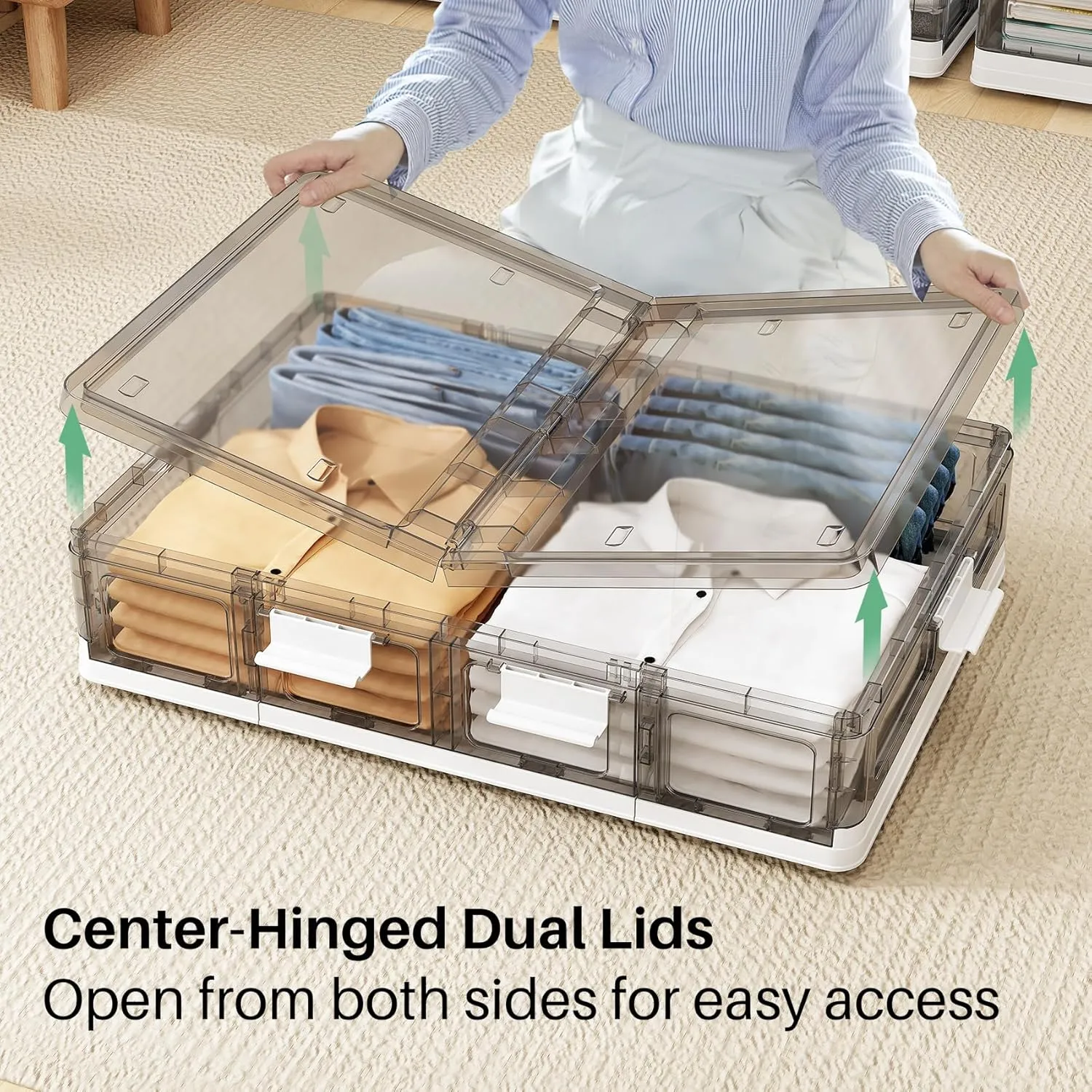Kitstorack Clear Plastic Under Bed Storage Containers Bins with Lids and 8 Pre-installed Wheels,37.8 Qt, Rolling Foldable Flat Under Bed Organizer Boxes for Clothes Shoes Clothing Bedroom