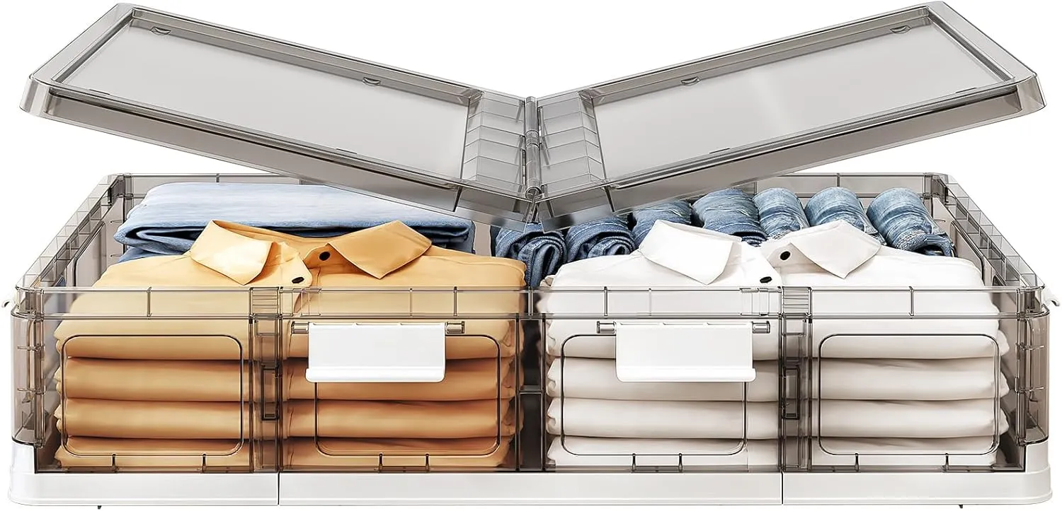 Kitstorack Clear Plastic Under Bed Storage Containers Bins with Lids and 8 Pre-installed Wheels,37.8 Qt, Rolling Foldable Flat Under Bed Organizer Boxes for Clothes Shoes Clothing Bedroom