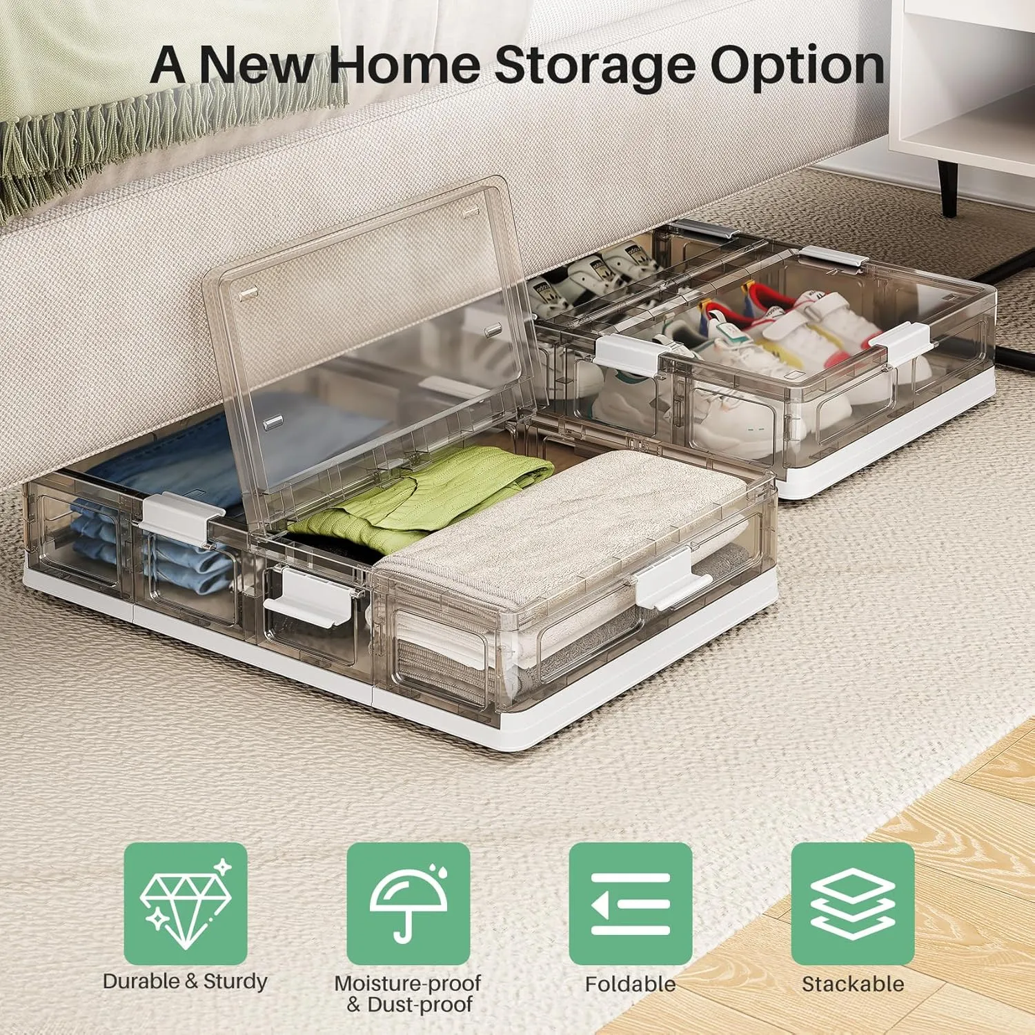 Kitstorack Clear Plastic Under Bed Storage Containers Bins with Lids and 8 Pre-installed Wheels,37.8 Qt, Rolling Foldable Flat Under Bed Organizer Boxes for Clothes Shoes Clothing Bedroom