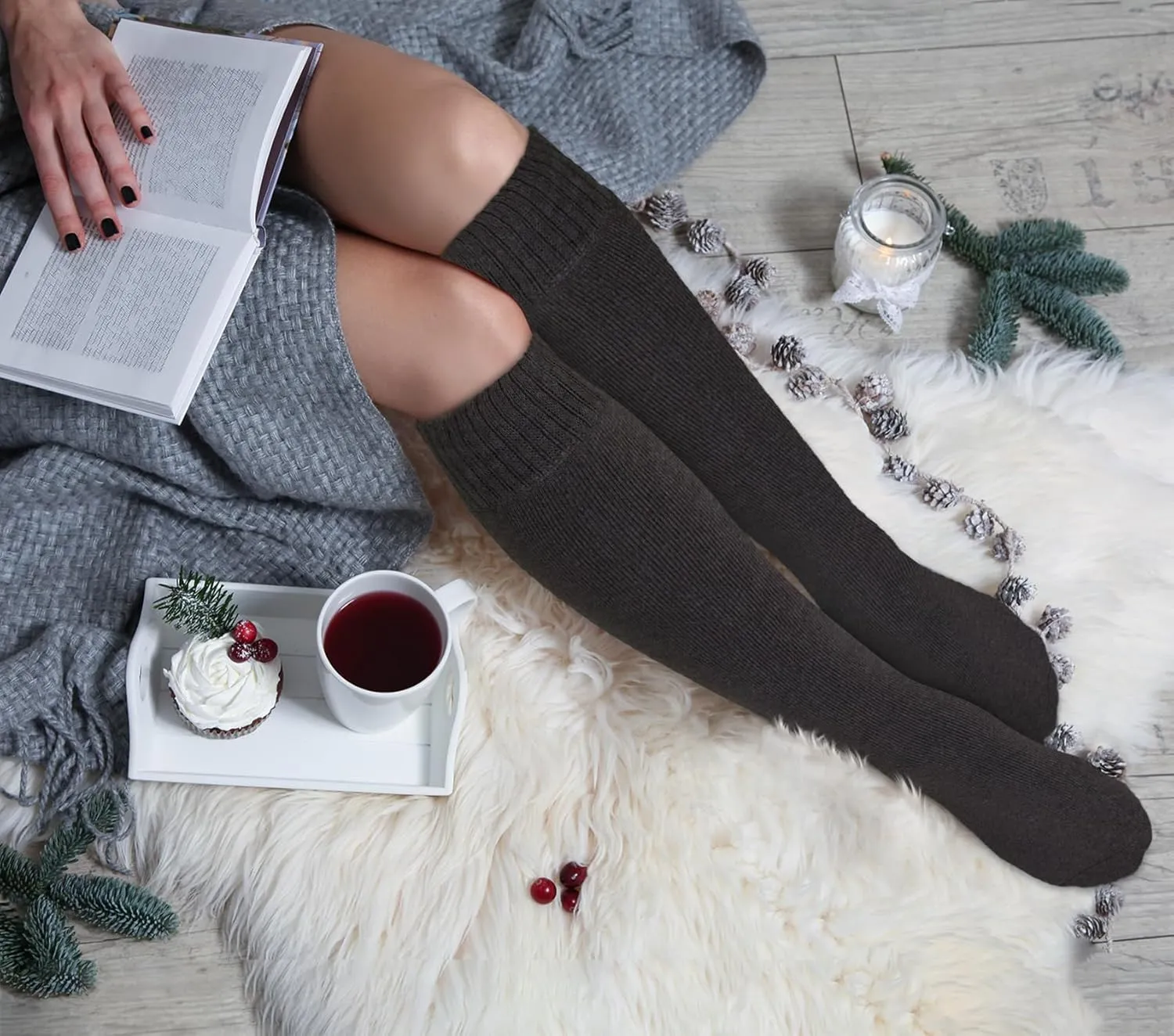 KONY Warm Knee High Socks for Women 3 Pairs, Thick Cotton Cushioned Thermal Long Socks for Hiking Work Gifts