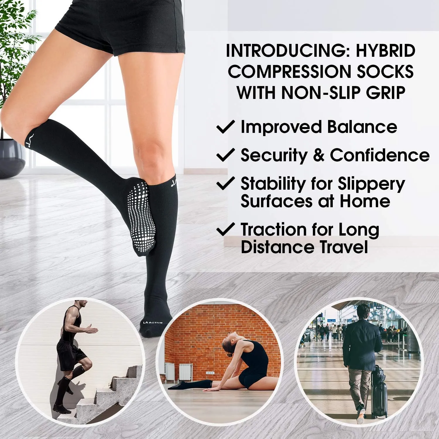 LA ACTIVE Graduated Compression Socks with Non-Slip Grips for Safety - 15-20mmHg for Women & Men
