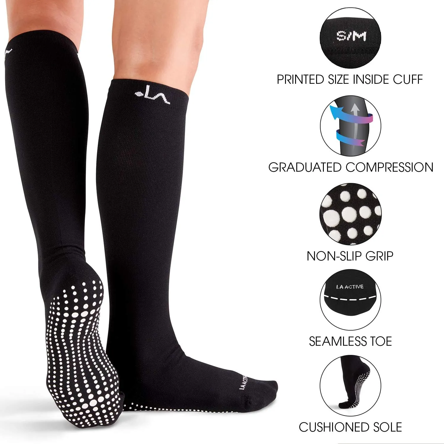 LA ACTIVE Graduated Compression Socks with Non-Slip Grips for Safety - 15-20mmHg for Women & Men