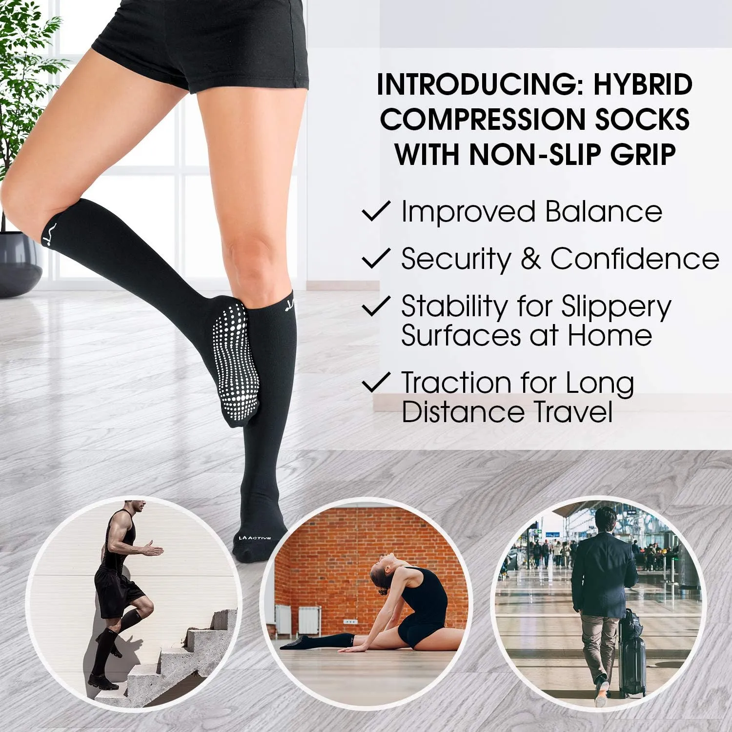 LA ACTIVE Graduated Compression Socks with Non-Slip Grips for Safety - 15-20mmHg for Women & Men