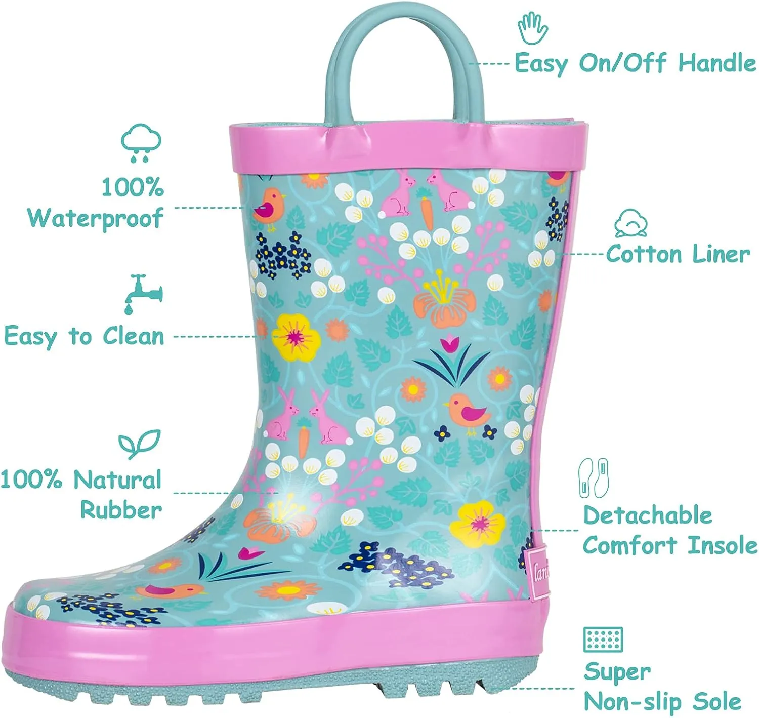 landchief Toddler Rain Boots, Kids Rain Boots Waterproof Rubber Boots for Girls and Boys with Fun Patterns and Easy-On Handles