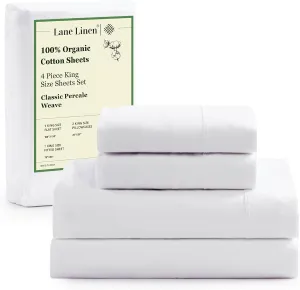 LANE LINEN 100% Organic Cotton King Size Sheets Set, Soft & Comfy All Season Breathable Sheets King Size, Percale Weave Fully Elasticized Eco Friendly Naturally Cooling King White Bed Sheets