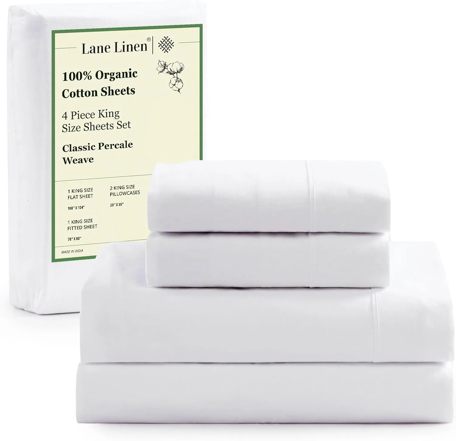 LANE LINEN 100% Organic Cotton King Size Sheets Set, Soft & Comfy All Season Breathable Sheets King Size, Percale Weave Fully Elasticized Eco Friendly Naturally Cooling King White Bed Sheets