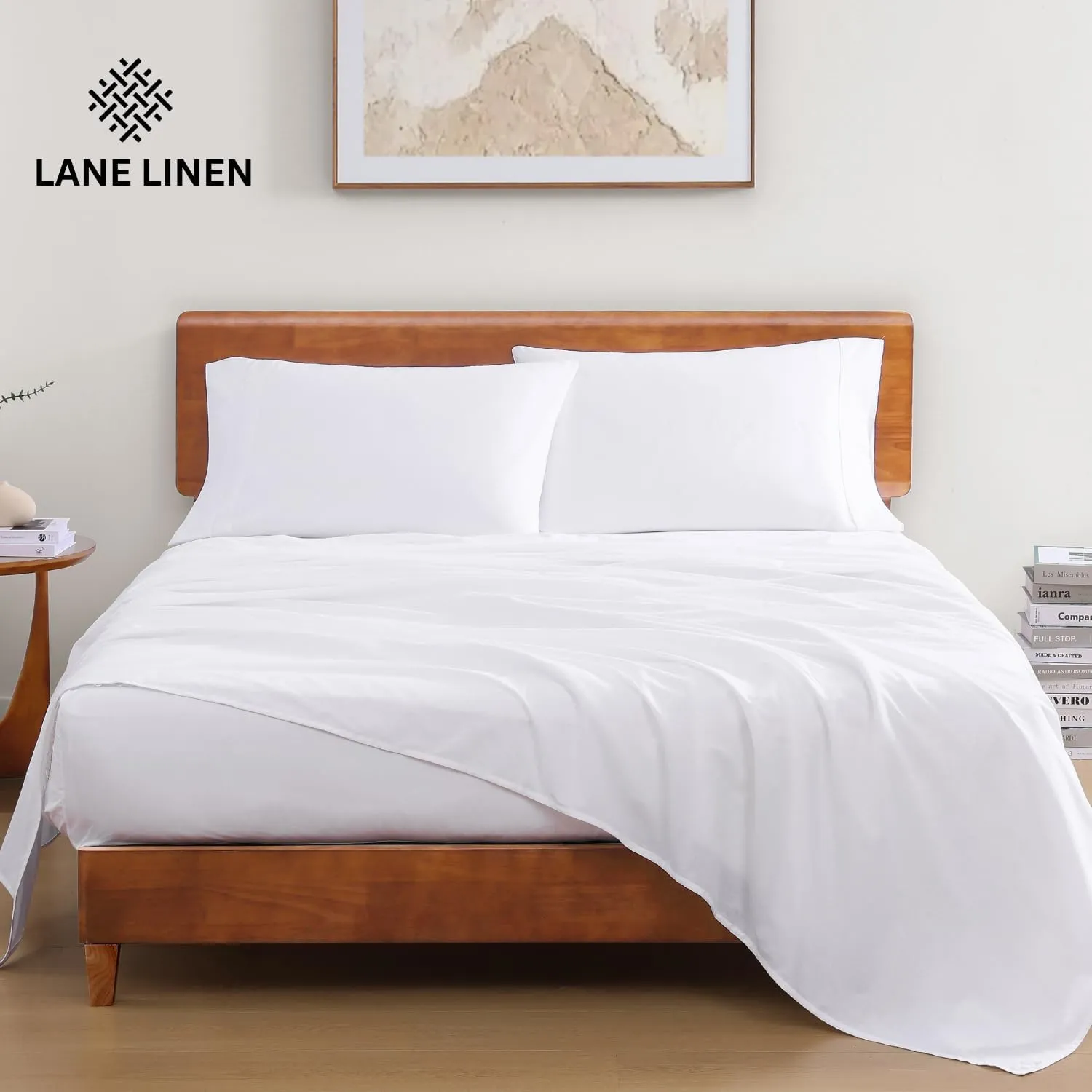LANE LINEN 100% Organic Cotton King Size Sheets Set, Soft & Comfy All Season Breathable Sheets King Size, Percale Weave Fully Elasticized Eco Friendly Naturally Cooling King White Bed Sheets