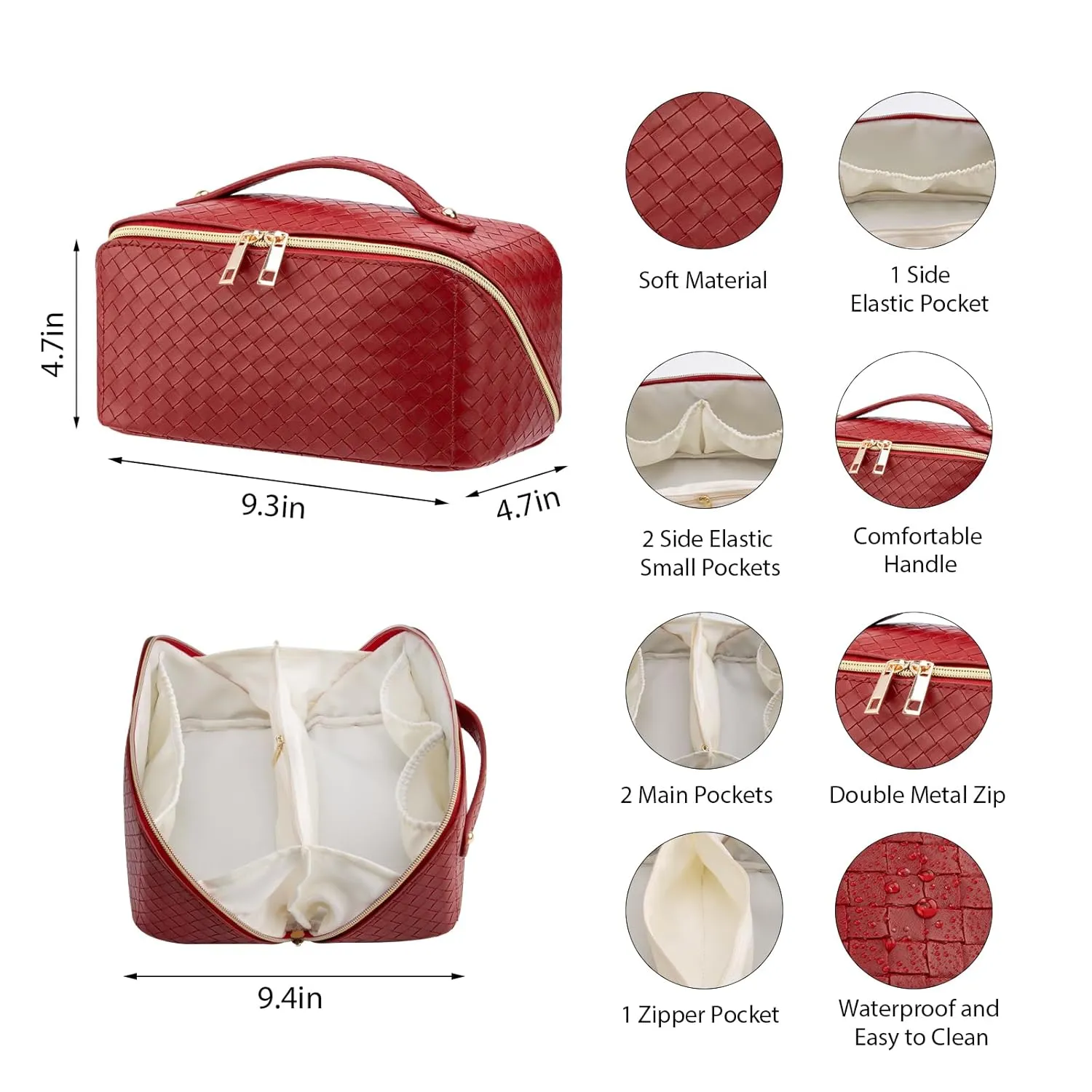 Large Capacity Travel Makeup Bag for Women, Waterproof Portable Cosmetic Bag with Compartments, Foldable Flat Lay Design for Easy Access, Perfect for Toiletries & Beauty Essentials (Red)