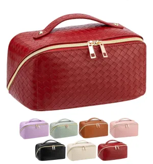 Large Capacity Travel Makeup Bag for Women, Waterproof Portable Cosmetic Bag with Compartments, Foldable Flat Lay Design for Easy Access, Perfect for Toiletries & Beauty Essentials (Red)