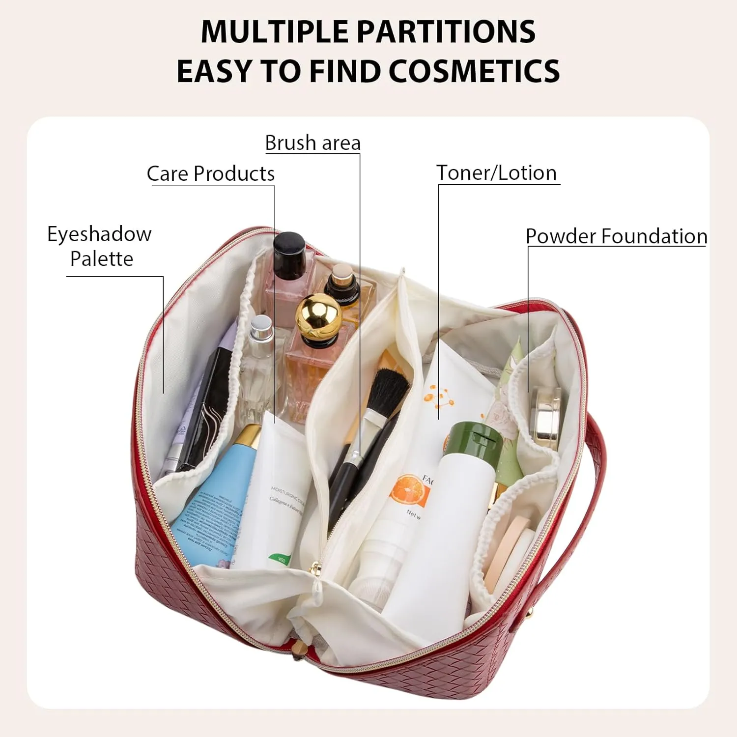 Large Capacity Travel Makeup Bag for Women, Waterproof Portable Cosmetic Bag with Compartments, Foldable Flat Lay Design for Easy Access, Perfect for Toiletries & Beauty Essentials (Red)