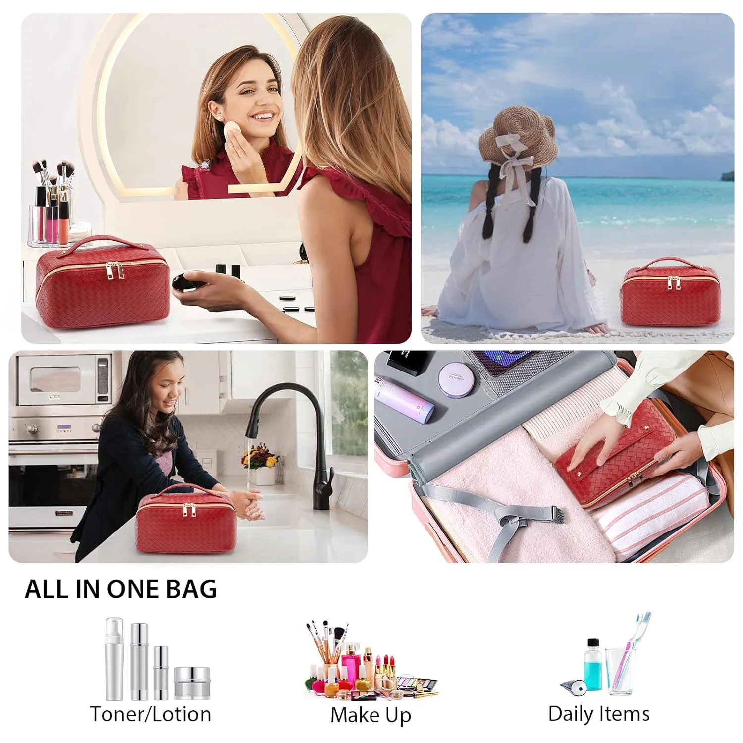 Large Capacity Travel Makeup Bag for Women, Waterproof Portable Cosmetic Bag with Compartments, Foldable Flat Lay Design for Easy Access, Perfect for Toiletries & Beauty Essentials (Red)