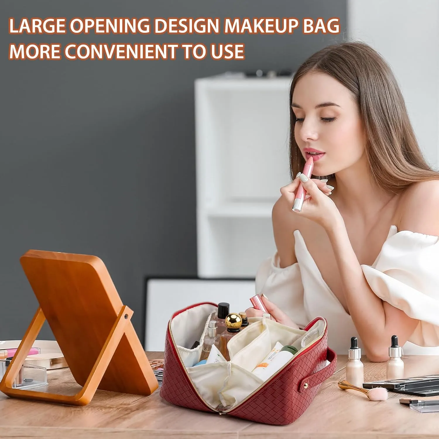 Large Capacity Travel Makeup Bag for Women, Waterproof Portable Cosmetic Bag with Compartments, Foldable Flat Lay Design for Easy Access, Perfect for Toiletries & Beauty Essentials (Red)
