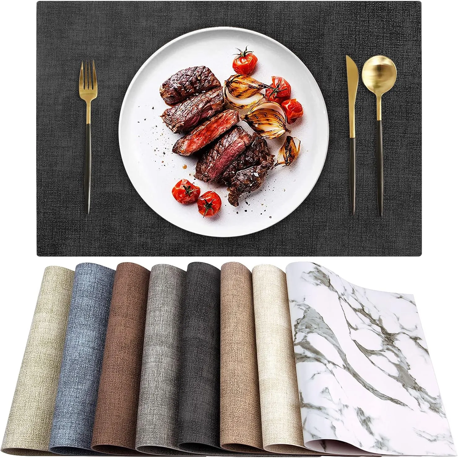 Leather Heat Resistant Placemats Set of 6 Waterproof Wipeable Washable PU Table Mats,Easy to Clean Anti-Slip Place Mats (Dark Grey, 6)