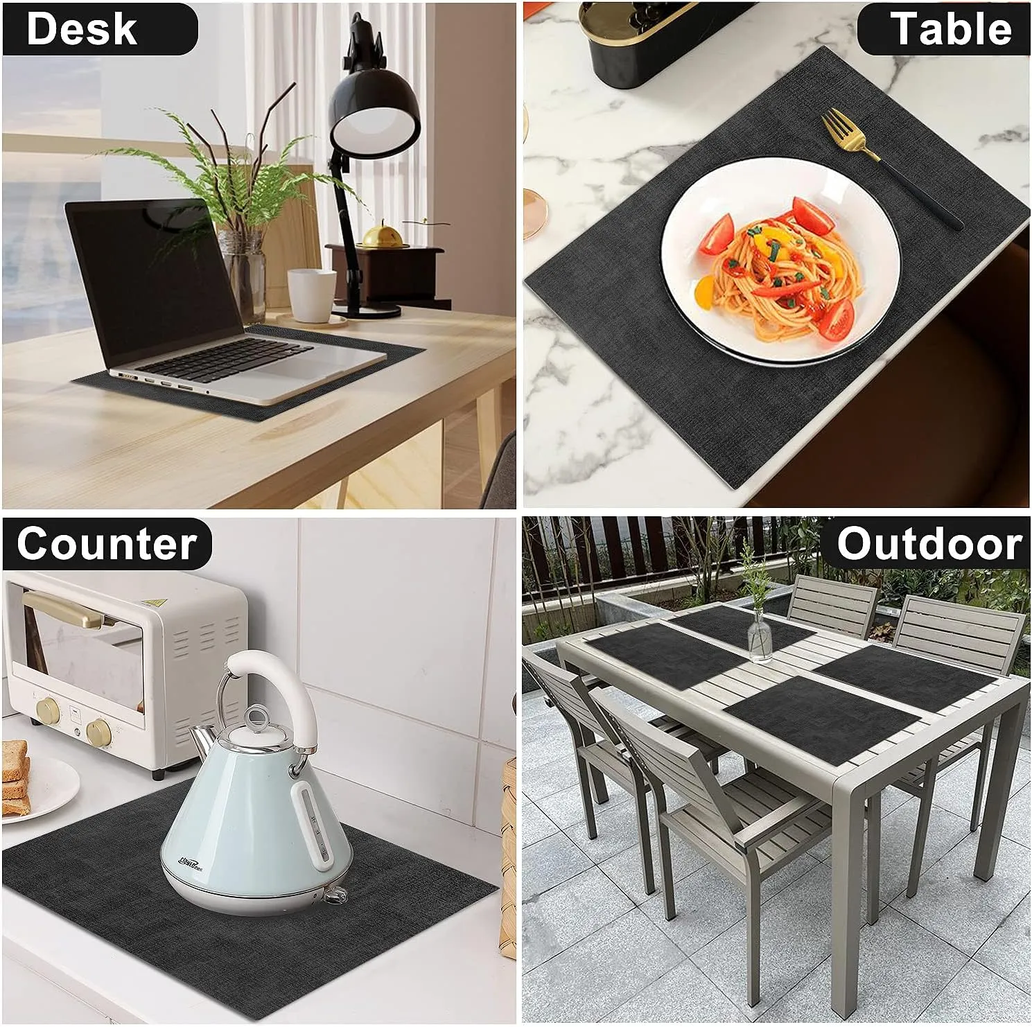 Leather Heat Resistant Placemats Set of 6 Waterproof Wipeable Washable PU Table Mats,Easy to Clean Anti-Slip Place Mats (Dark Grey, 6)