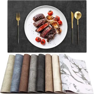Leather Heat Resistant Placemats Set of 6 Waterproof Wipeable Washable PU Table Mats,Easy to Clean Anti-Slip Place Mats (Dark Grey, 6)
