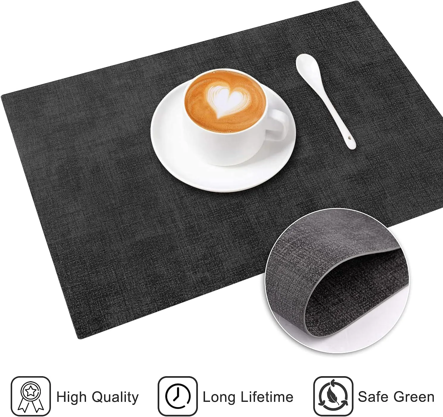 Leather Heat Resistant Placemats Set of 6 Waterproof Wipeable Washable PU Table Mats,Easy to Clean Anti-Slip Place Mats (Dark Grey, 6)