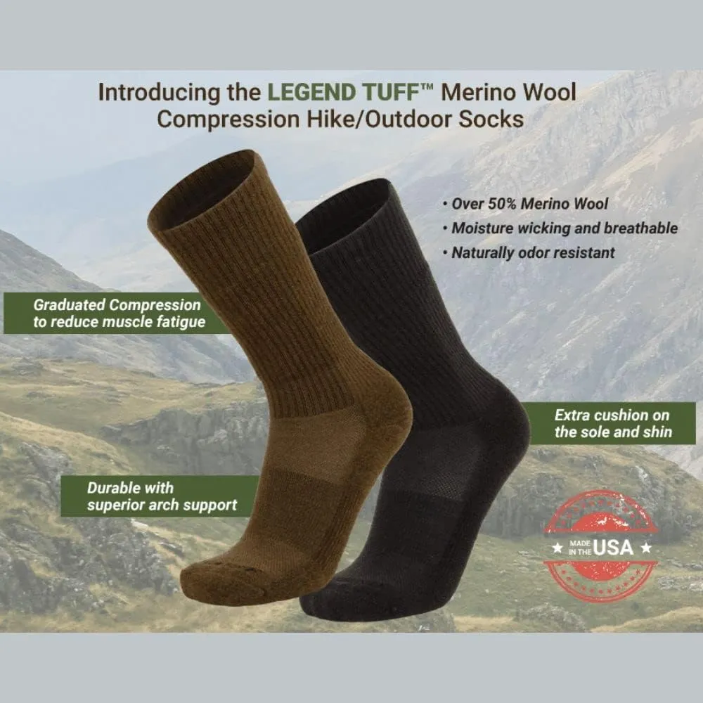 LEGEND Compression Merino Wool Hiking Socks, All-Weather Outdoor and Hiking Mid-Calf Socks for Men and Women, Made in the USA