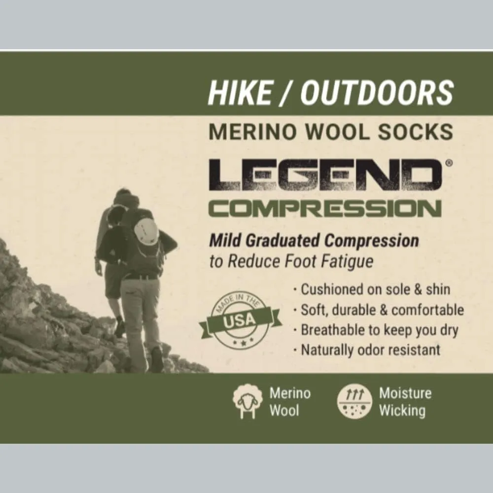 LEGEND Compression Merino Wool Hiking Socks, All-Weather Outdoor and Hiking Mid-Calf Socks for Men and Women, Made in the USA